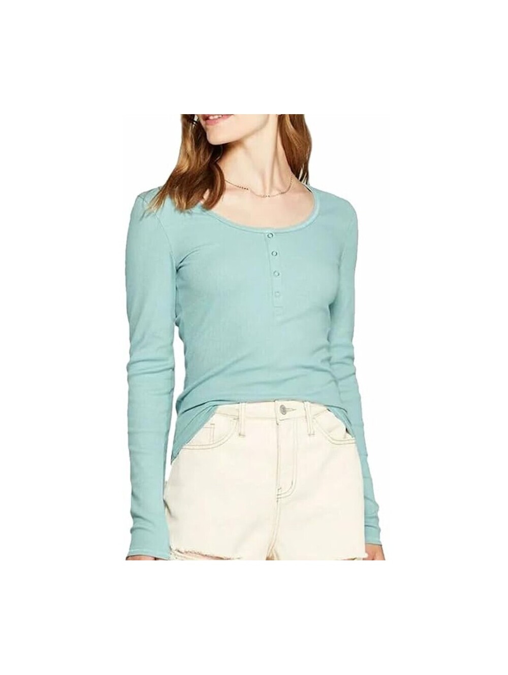 NWT Wild Fable Women's Long Sleeved Ribbed Henley T-shirt Teal Blush M Shirt